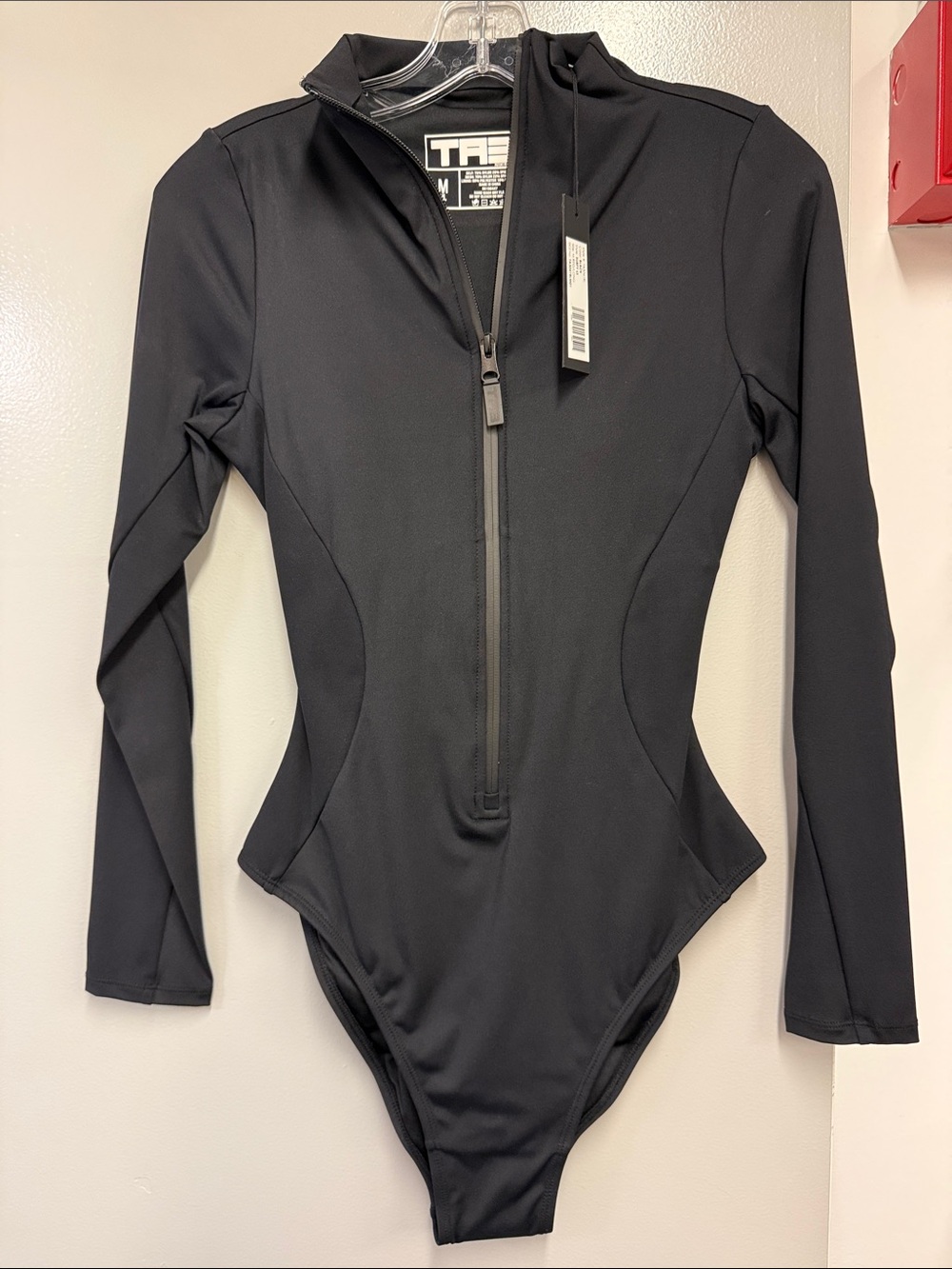 Black Long-Sleeve Zip Front One-Piece Swimsuit
